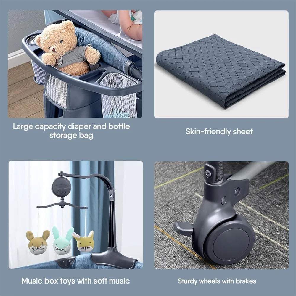 Upgraded - Baby Bassinet Bedside Crib,Pack and Play w/Sheet,Diaper Changing Table&Music Mobile from Newborn to Toddles-NEW