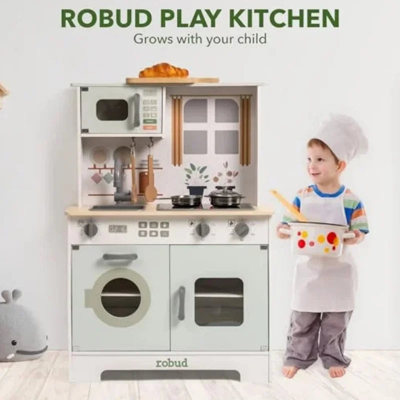 Robotime Robud Play Kitchen Pretend Playset w/ Lights & Sounds Gift for Girls Boys Age 3+ Light Green