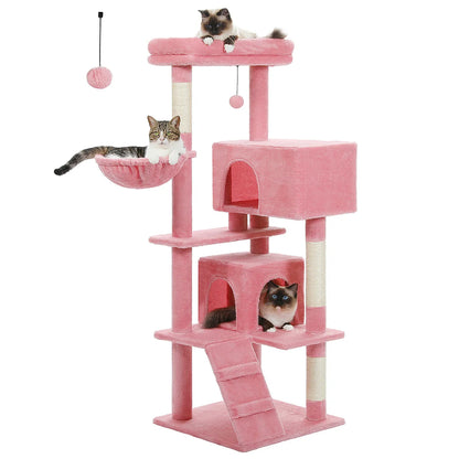 56.3" Cat Tree for Large Cats Adult with Super Large Top Perch Cat Tower with Plush Hammock Dangling Pompom Cat Scratching Post