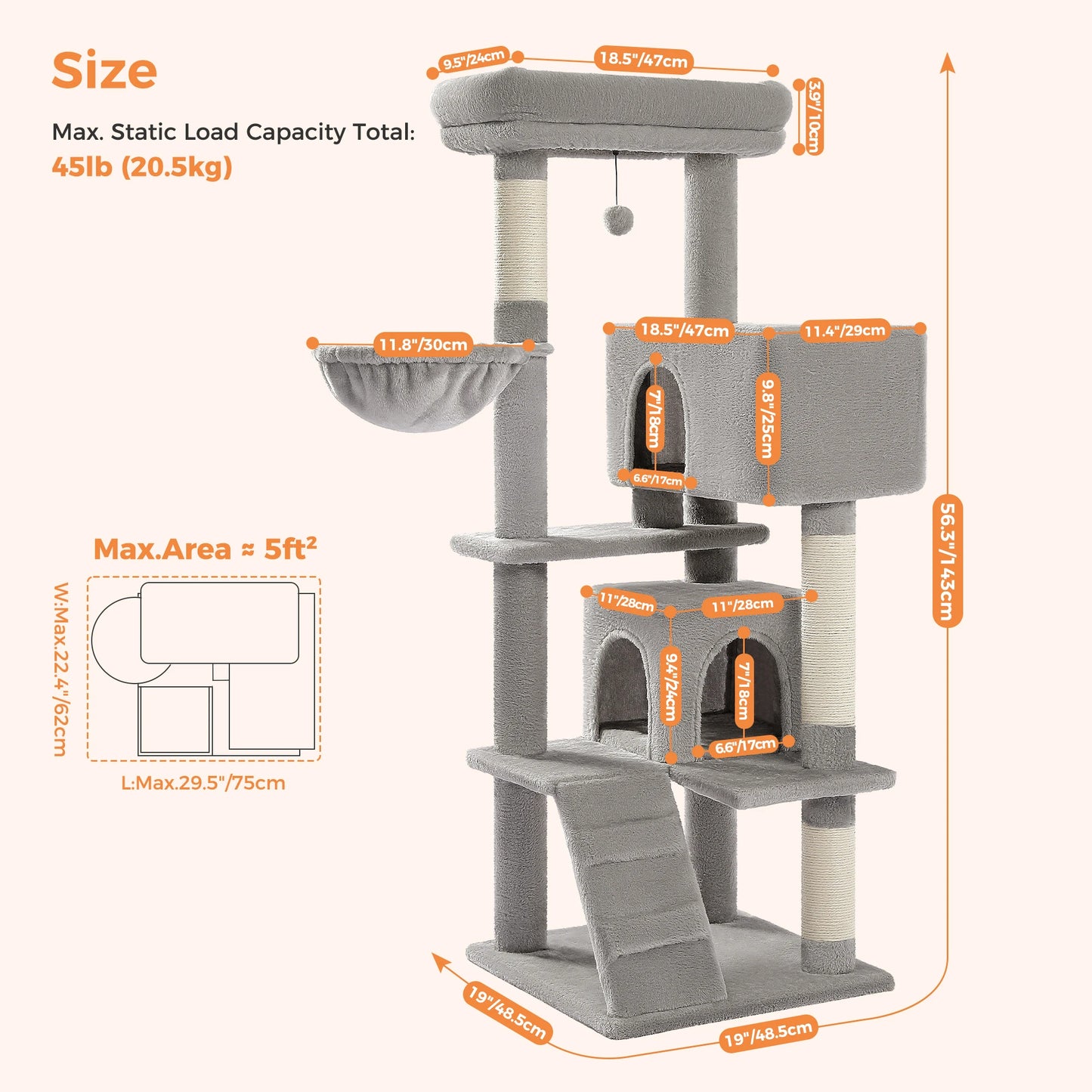 56.3" Cat Tree for Large Cats Adult with Super Large Top Perch Cat Tower with Plush Hammock Dangling Pompom Cat Scratching Post
