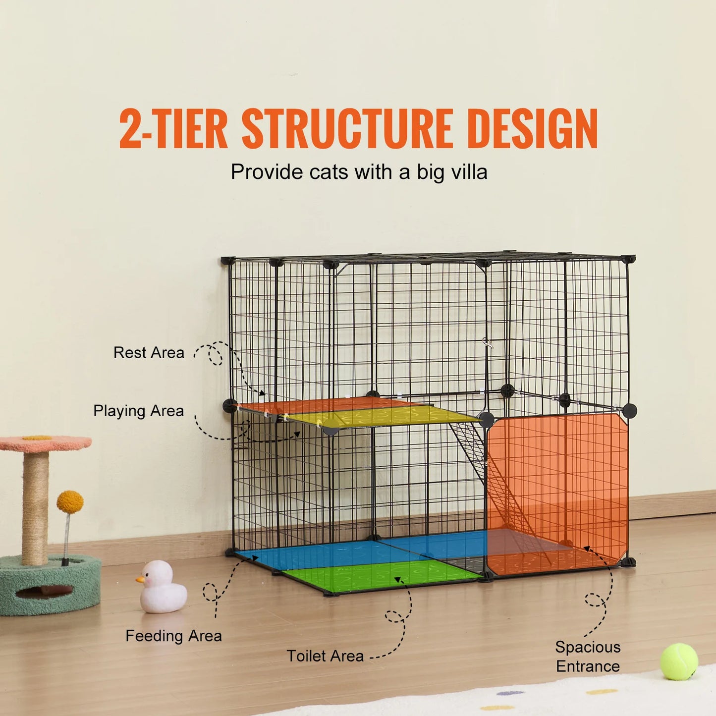 Large Animal Cage, Detachable Metal Wire Enclosure, with Ramp Ladder & Adjustable Resting Platform