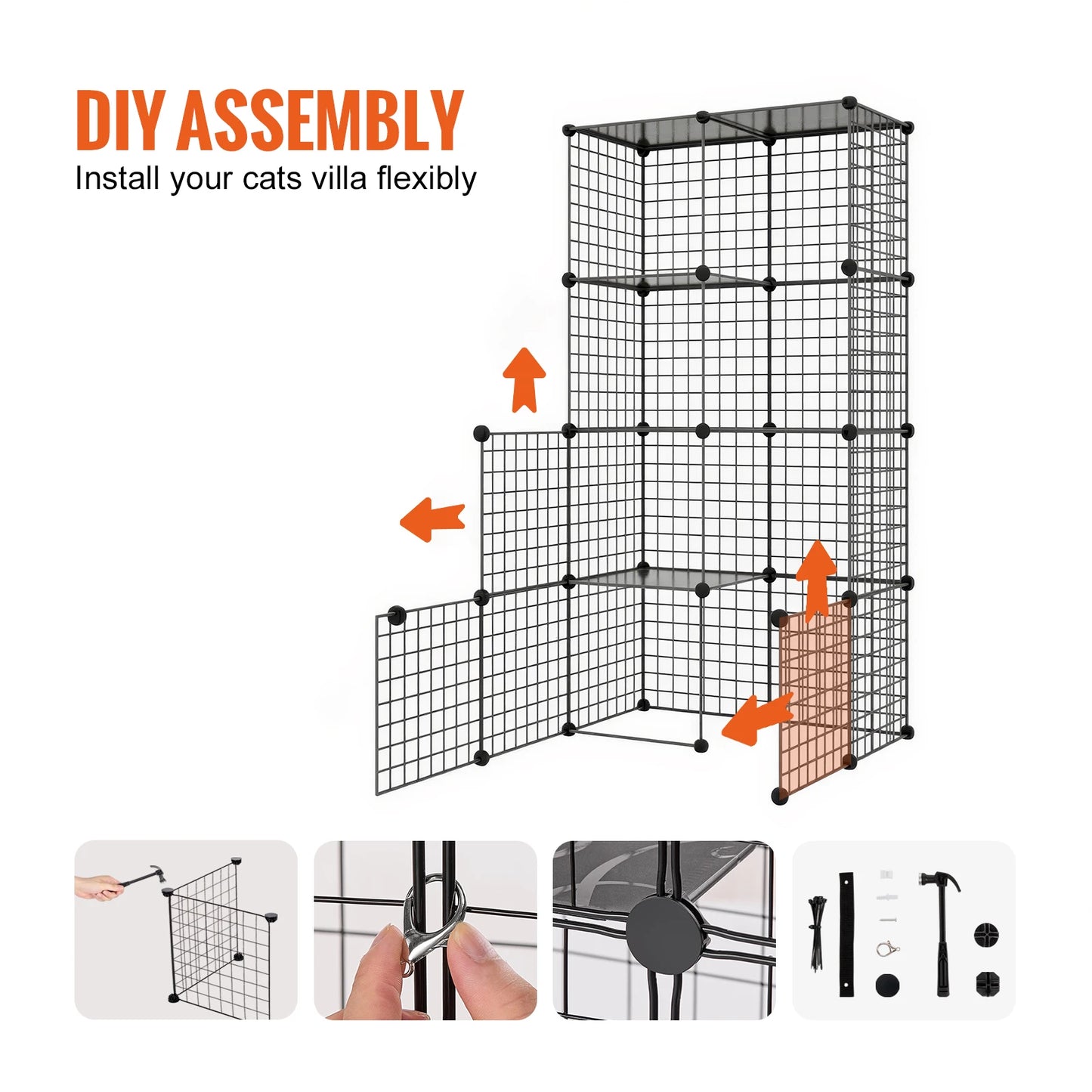 Large Animal Cage, Detachable Metal Wire Enclosure, with Ramp Ladder & Adjustable Resting Platform