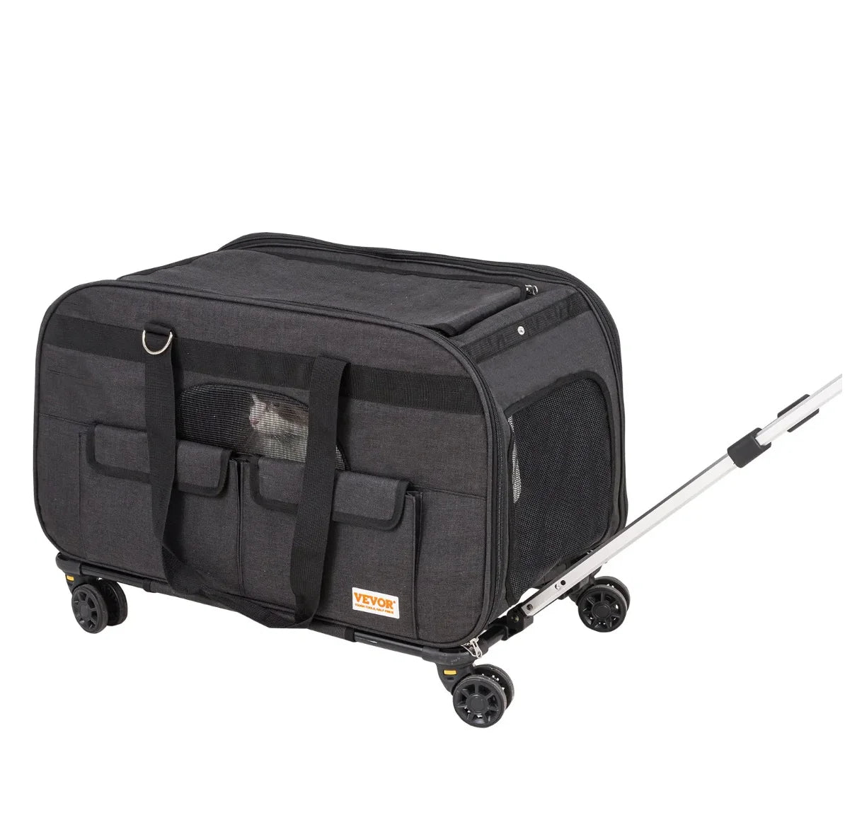 VEVOR Cat Carrier with Wheels Rolling Pet Carrier Telescopic Handle Shoulder Strap for Pets 35 lbs 1 Folding Bowl Black