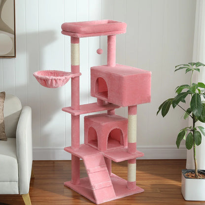 56.3" Cat Tree for Large Cats Adult with Super Large Top Perch Cat Tower with Plush Hammock Dangling Pompom Cat Scratching Post