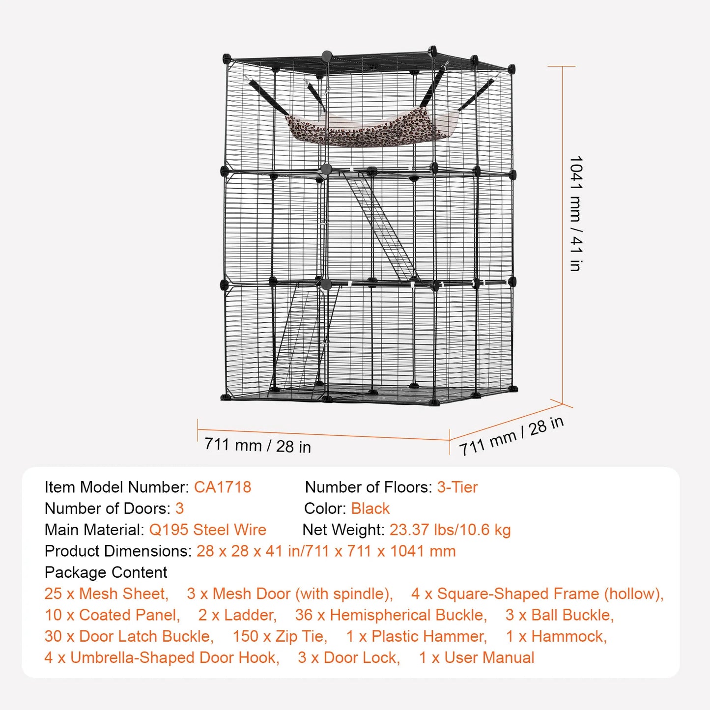 Large Animal Cage, Detachable Metal Wire Enclosure, with Ramp Ladder & Adjustable Resting Platform
