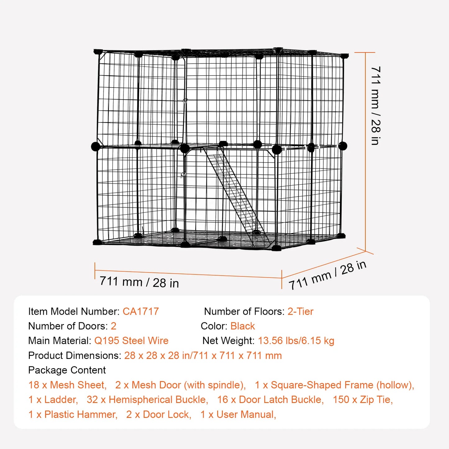 Large Animal Cage, Detachable Metal Wire Enclosure, with Ramp Ladder & Adjustable Resting Platform