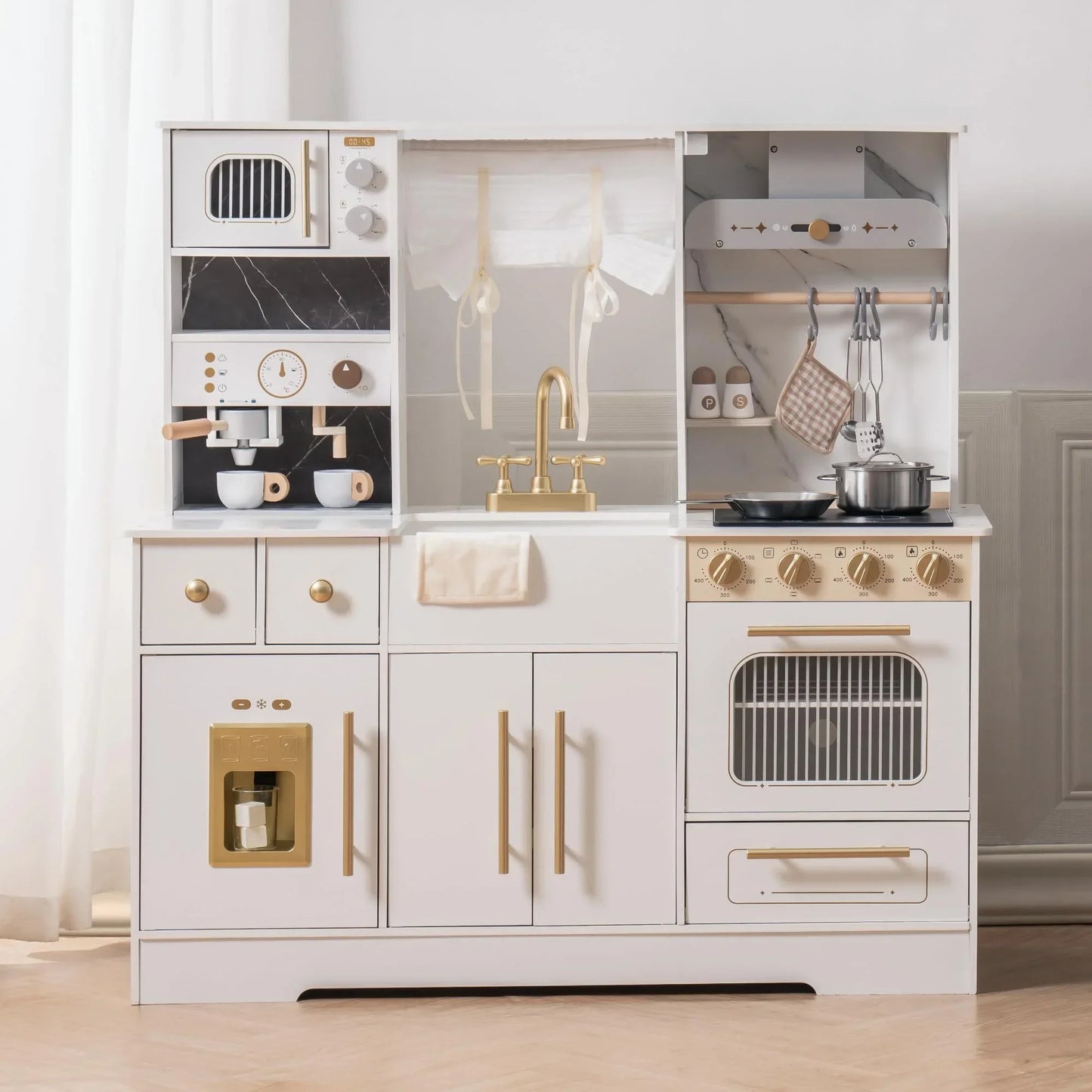 Robotime Robud childrens Play Kitchen Wooden with sink Cookware Accessories Microwave Toy Kitchen