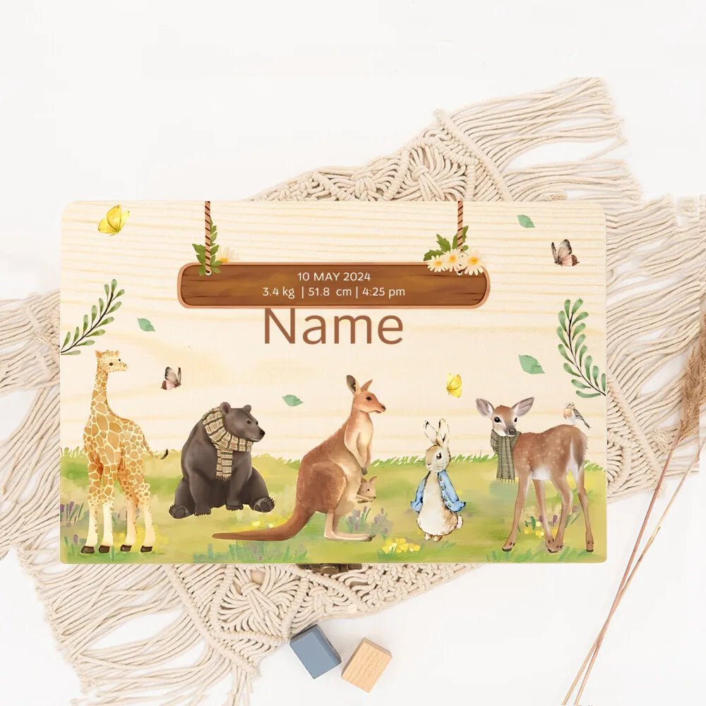 Personalised New Born Wooden Keepsake Box Jungle Animal Baby Memory Boxes Newborn Babies Keepsake Birth Stats Gift