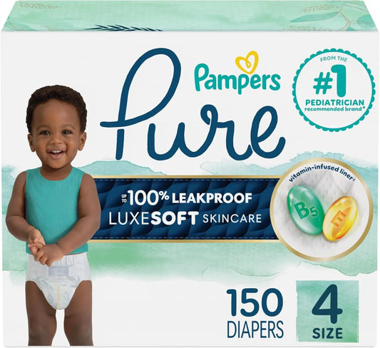 Pure Protection Baby Diapers, Size 4, 150 Count, Up to 100% Leakproof, Premium Plant-based Skin Protection, Hypoallergenic