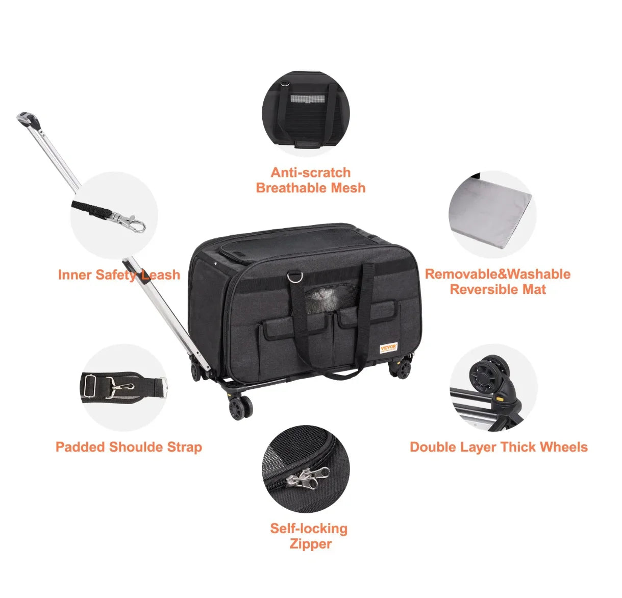 VEVOR Cat Carrier with Wheels Rolling Pet Carrier Telescopic Handle Shoulder Strap for Pets 35 lbs 1 Folding Bowl Black