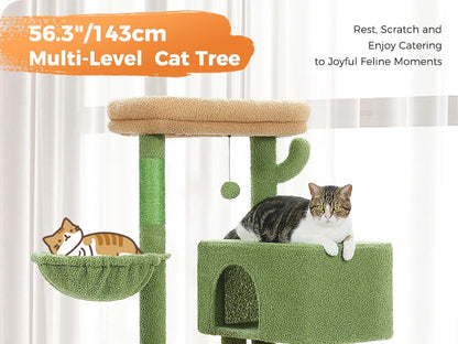 56.3" Cat Tree for Large Cats Adult with Super Large Top Perch Cat Tower with Plush Hammock Dangling Pompom Cat Scratching Post