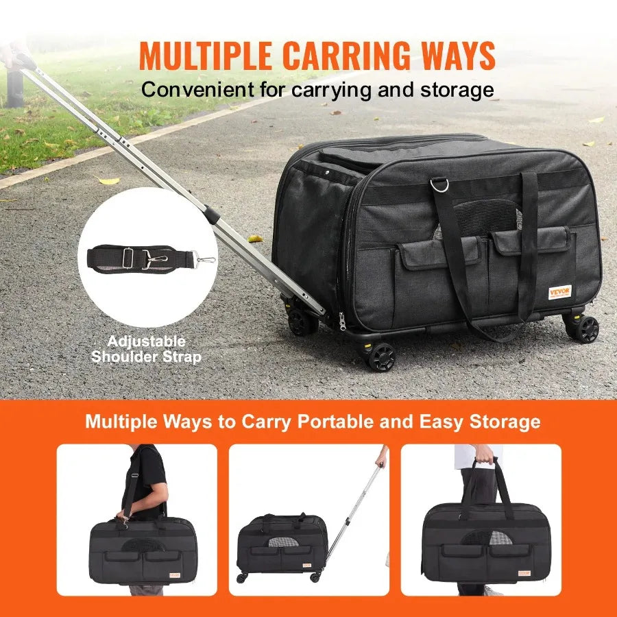 Cat Carrier with Wheels, Rolling Pet Carrier with Telescopic Handle and Shoulder Strap, Dog Carrier with Wheels