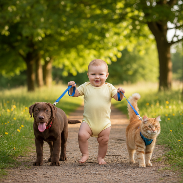 Photorealistic baby walking dog and cat